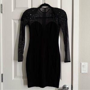 Vintage Tadashi Black Sheer Mesh Sleeves Beaded Shoulder Bodycon Dress Size XS–S